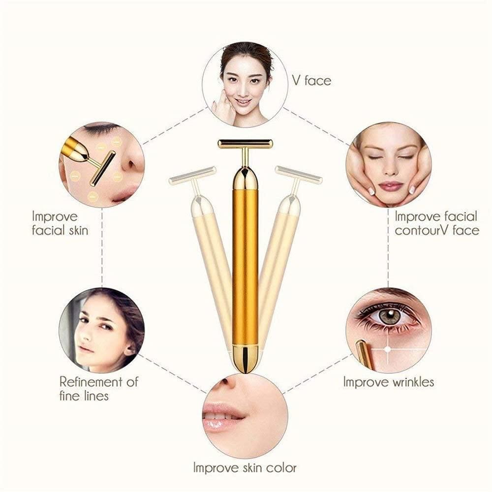 woman using vibrating gold face roller for anti-aging skincare