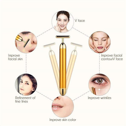 woman using vibrating gold face roller for anti-aging skincare
